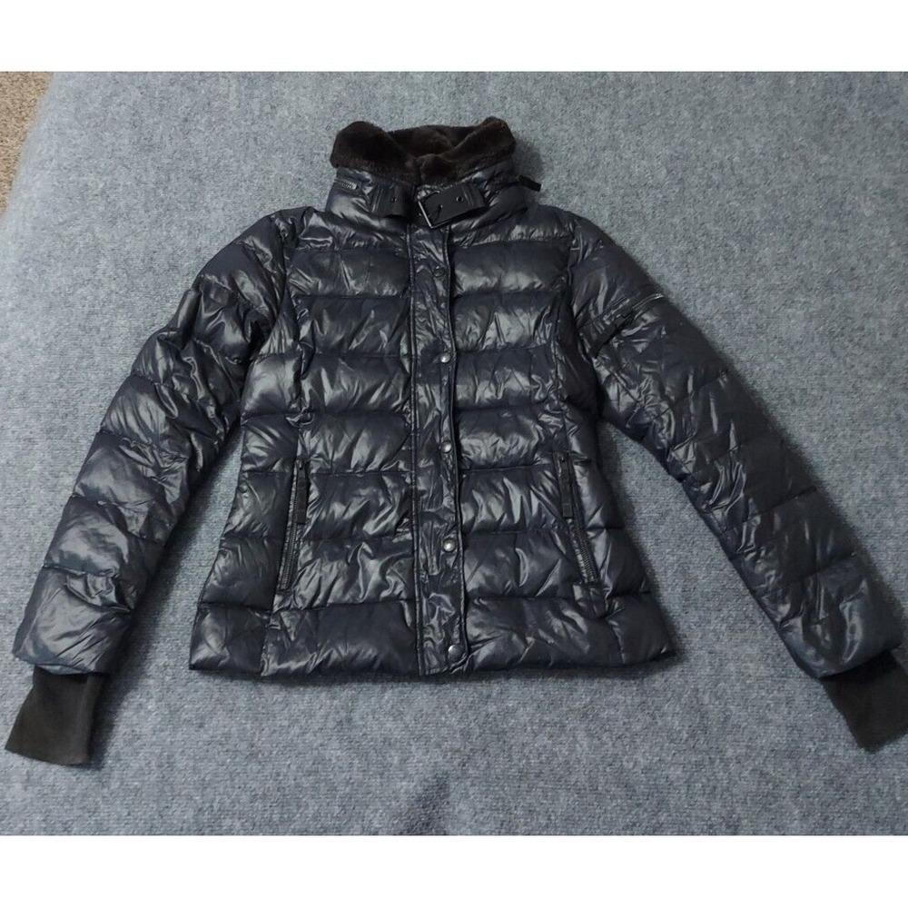 S13 Coat Jacket Women Small Black Puffer Duck Down GLoss Thumb Holes Buckle Neck